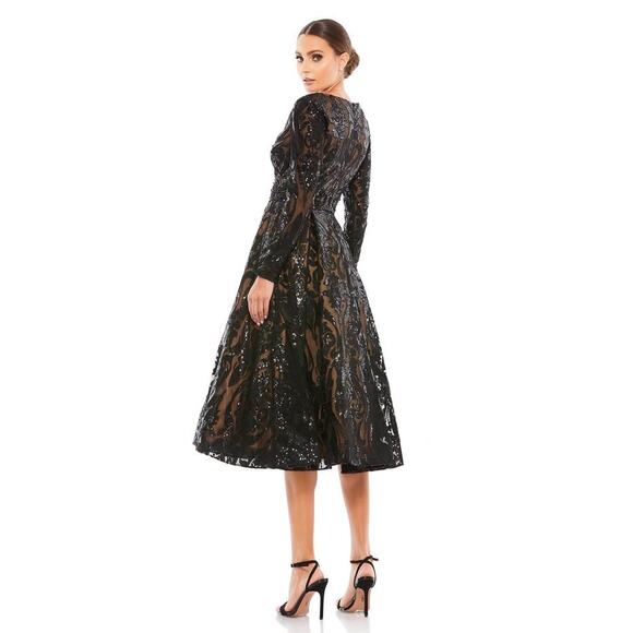 MAC DUGGAL Black Nude Sequin Lace Burnout Embellished A-Line Dress Size 4 NWT - Picture 2 of 16